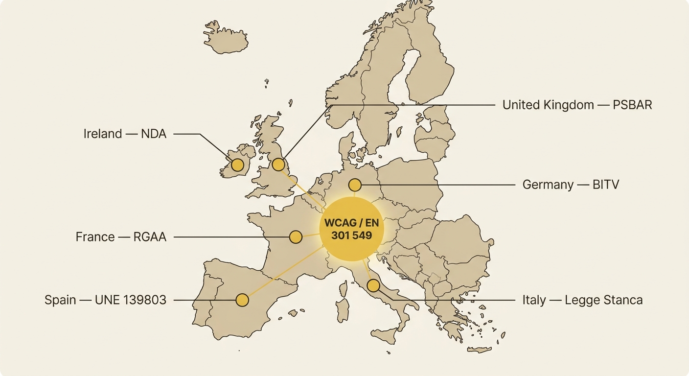 A stylised map of Europe with national accessibility frameworks (Germany BITV, France RGAA, Spain UNE 139803, Italy Legge Stanca, Ireland NDA, UK PSBAR) all connecting to a shared WCAG / EN 301 549 core.
