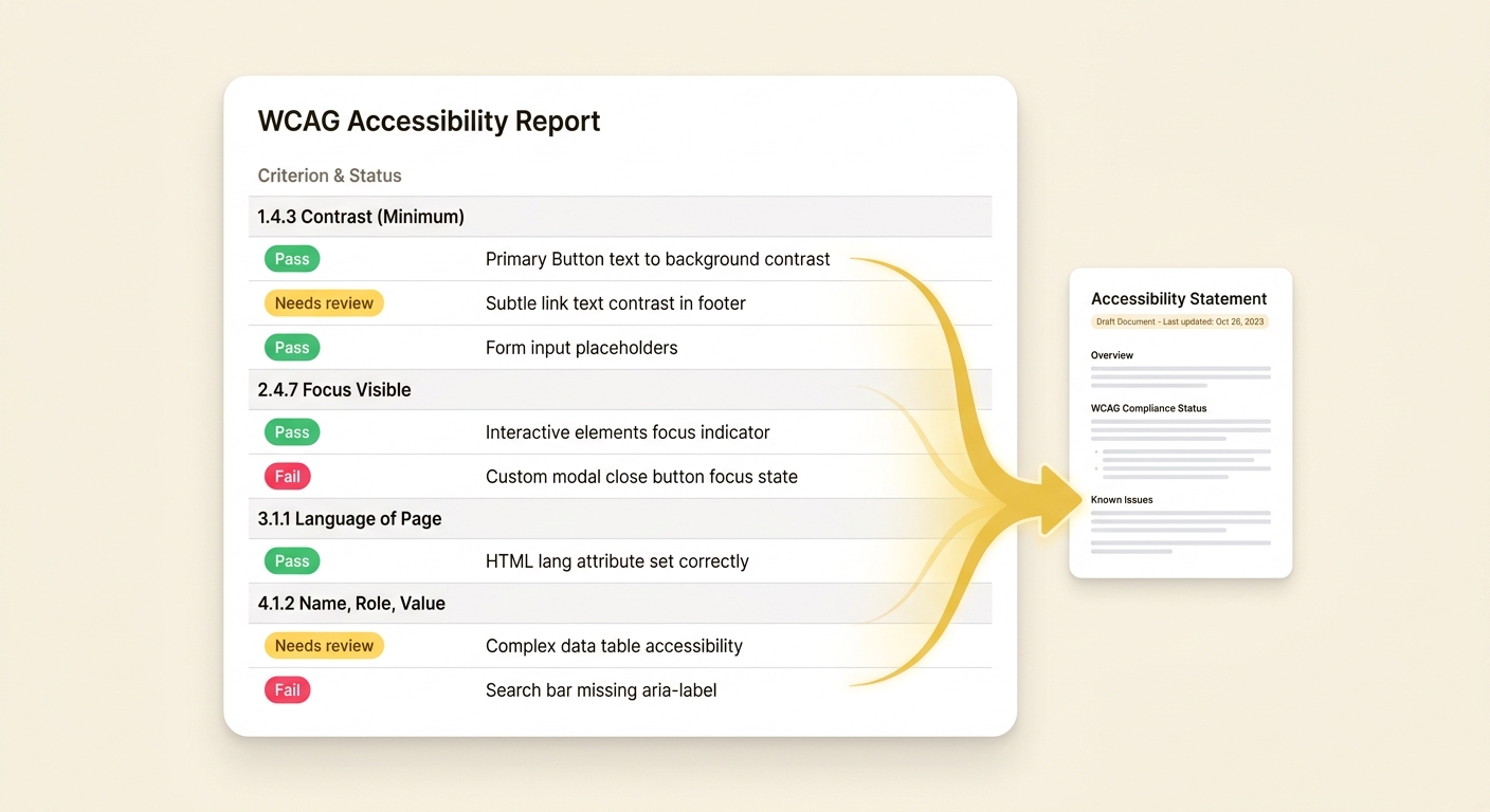 A Synli report with findings grouped per WCAG criterion, ready to transfer into a uustatus.no statement.